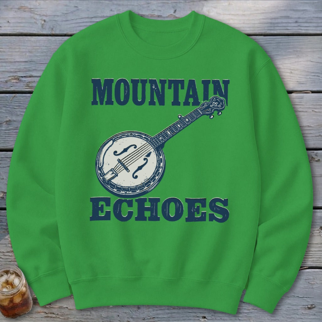 Green crewneck sweatshirt featuring a distressed graphic of a banjo with the text "MOUNTAIN ECHOES".