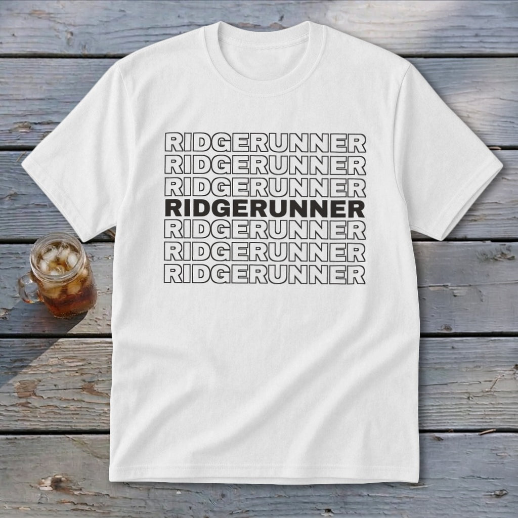 White t-shirt with "RIDGERUNNER" repeated in black text, one line bolded.