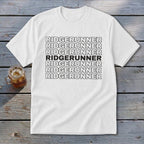 White t-shirt with "RIDGERUNNER" repeated in black text, one line bolded.