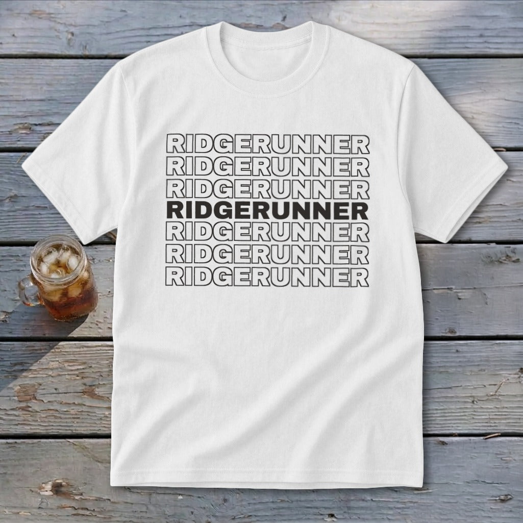 White t-shirt with "RIDGERUNNER" repeated in black text, one line bolded.