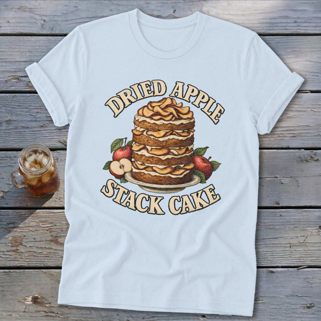 Light blue t-shirt with dried apple stack cake graphic and text.