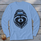 Line drawing of a raccoon wearing a beanie with mountains on a patch.