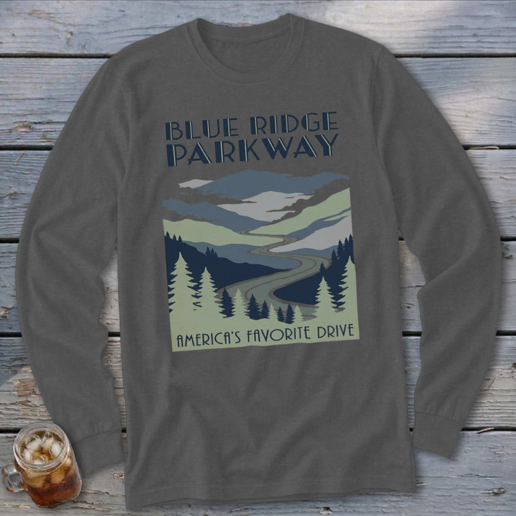 Charcoal long-sleeve t-shirt with a blue and green graphic of Blue Ridge Parkway mountains and trees.