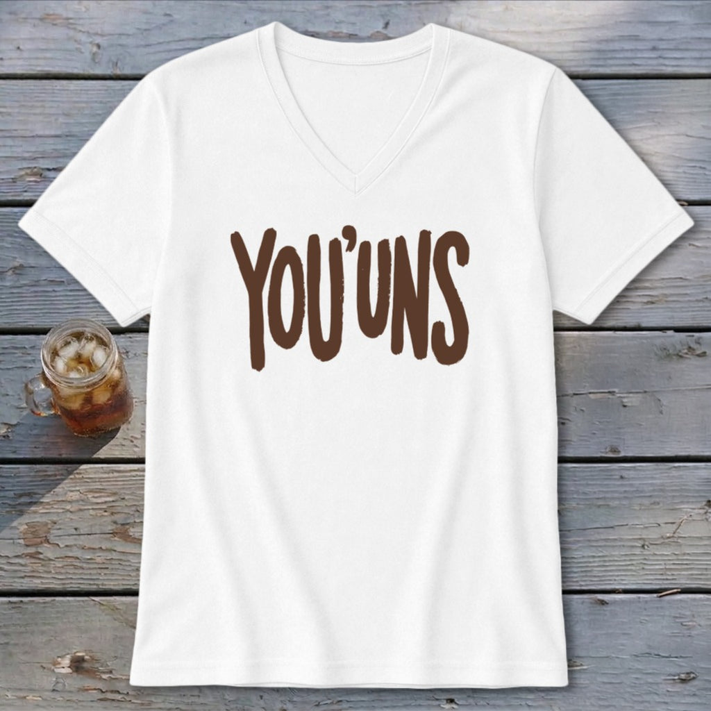 White v-neck t-shirt with "YOU'UNS" printed in brown on the front.
