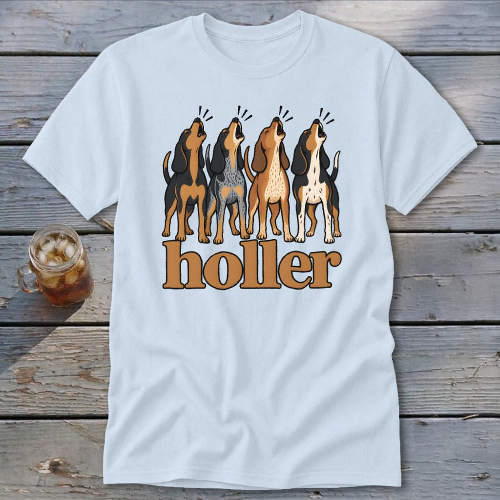 Light blue t-shirt with four hounds howling above the word "holler".