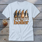 Light blue t-shirt with four hounds howling above the word "holler".