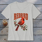 Light gray V-neck t-shirt featuring a red cardinal graphic on a snow-covered branch and redbird text.