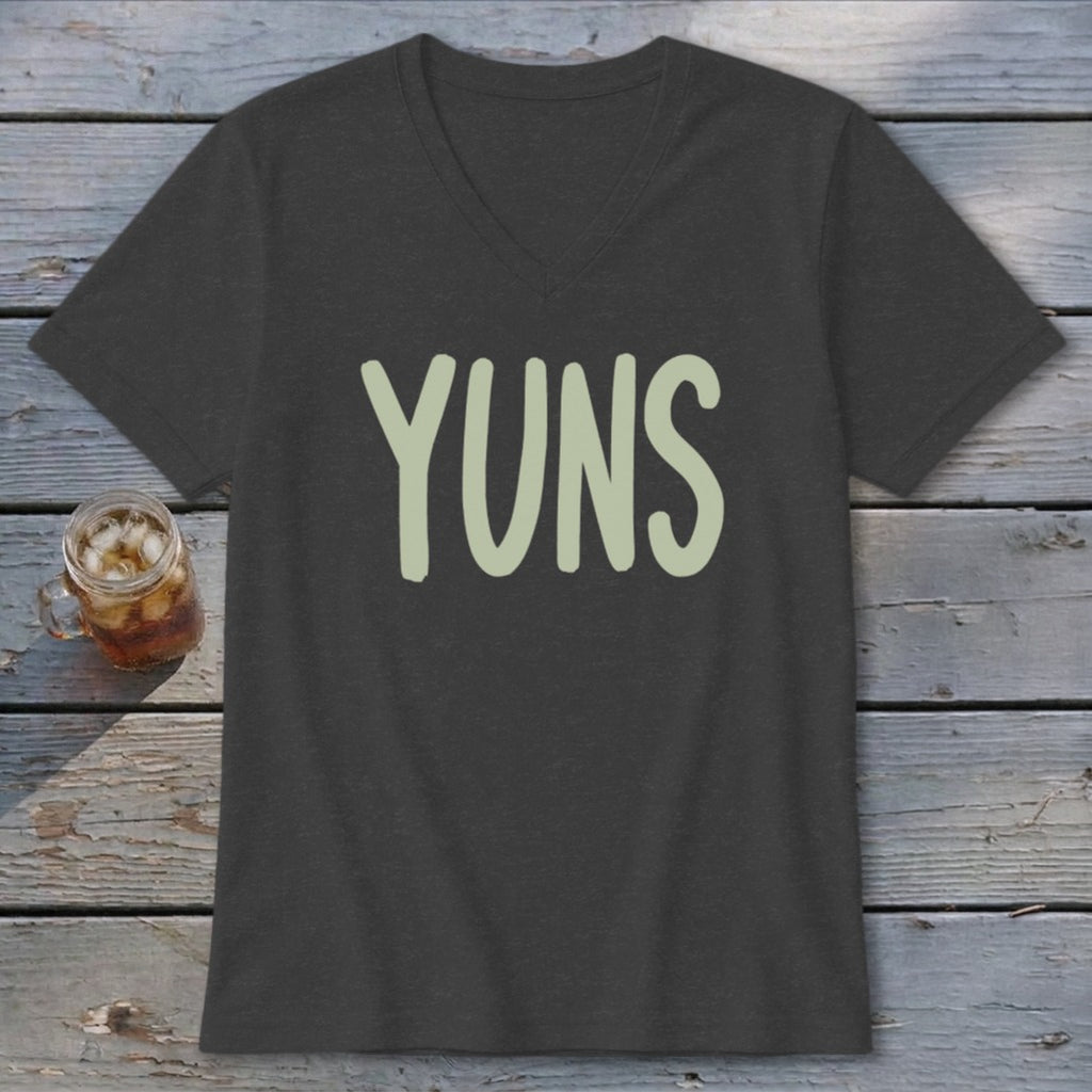 Dark gray v-neck t-shirt with light green "YUNS" text.