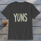 Dark gray v-neck t-shirt with light green "YUNS" text.
