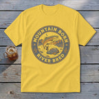 Yellow t-shirt with "Mountain Born River Bred" circular logo featuring a trout jumping from a river.