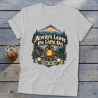 T-shirt with "Always Leave the Light On, Come on In" text and lantern graphic.