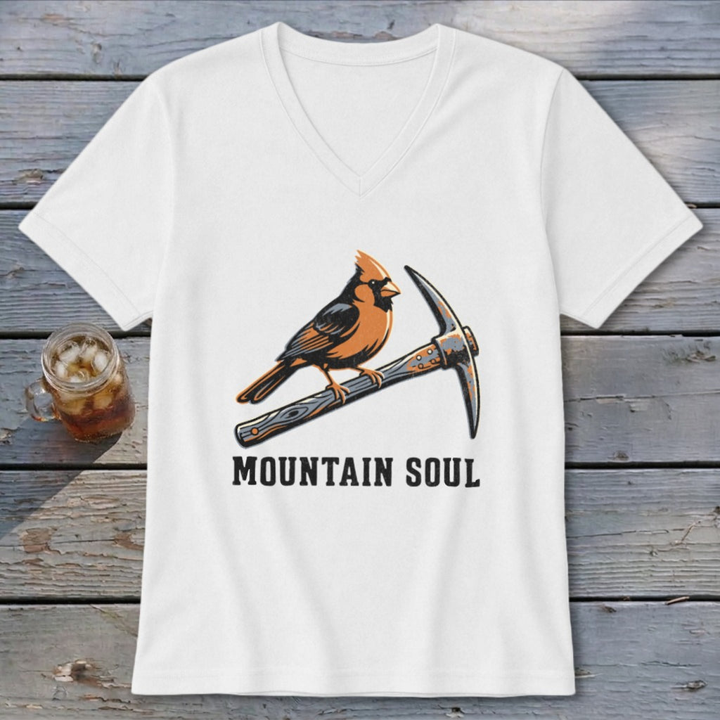 White v-neck t-shirt with cardinal on pickaxe and text "MOUNTAIN SOUL".