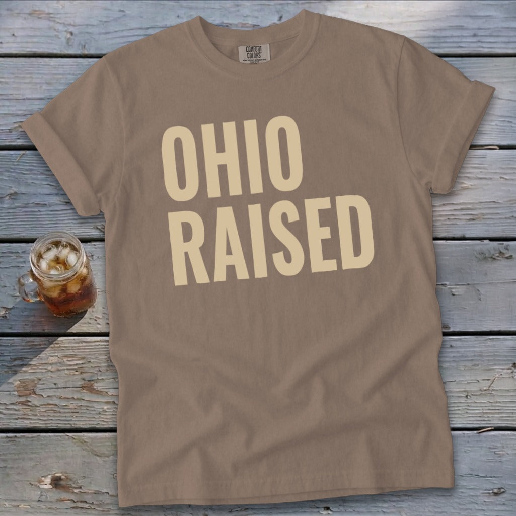 Brown t-shirt with "OHIO RAISED" in large beige text.