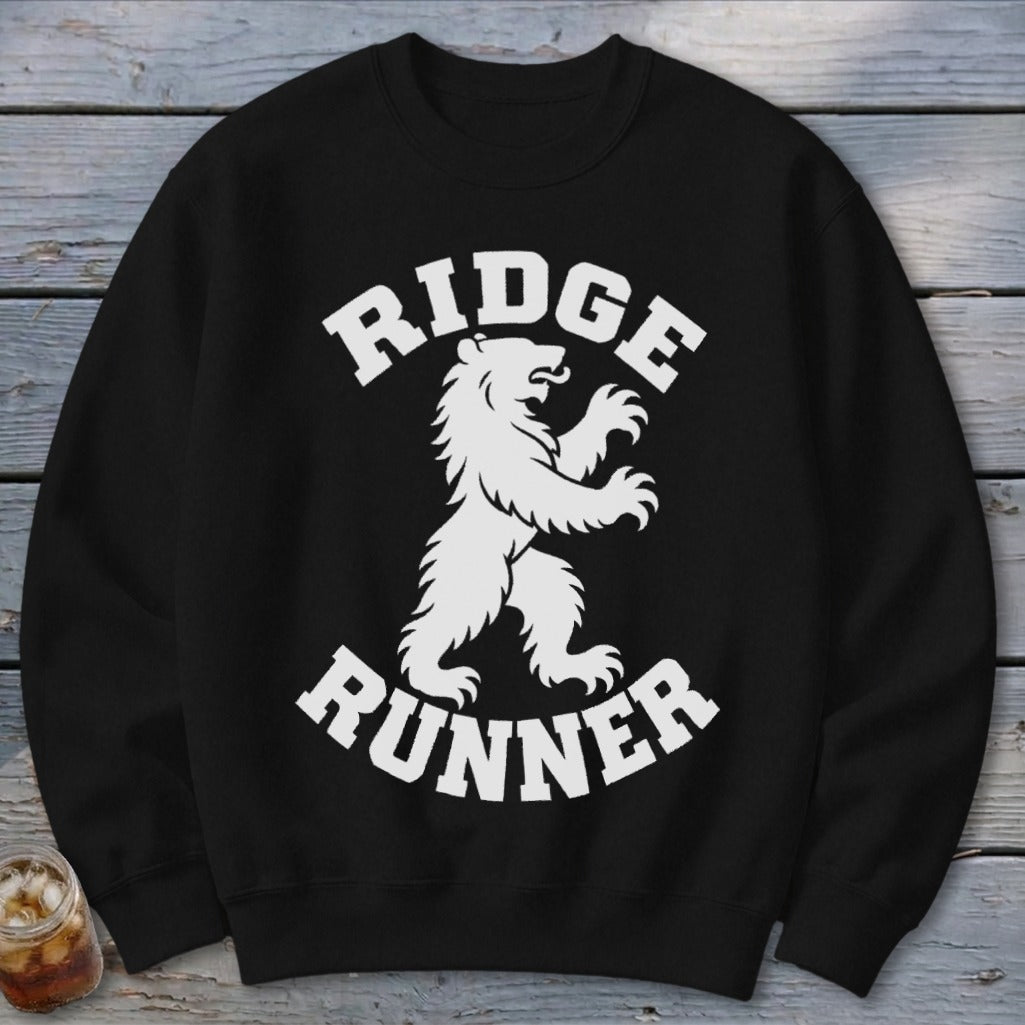 Black sweatshirt with white "Ridge Runner" text and bear graphic.