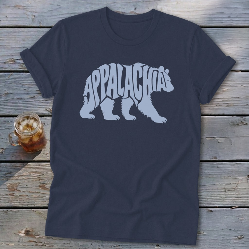 Dark blue crewneck t-shirt featuring a light blue bear graphic filled with the word Appalachia.
