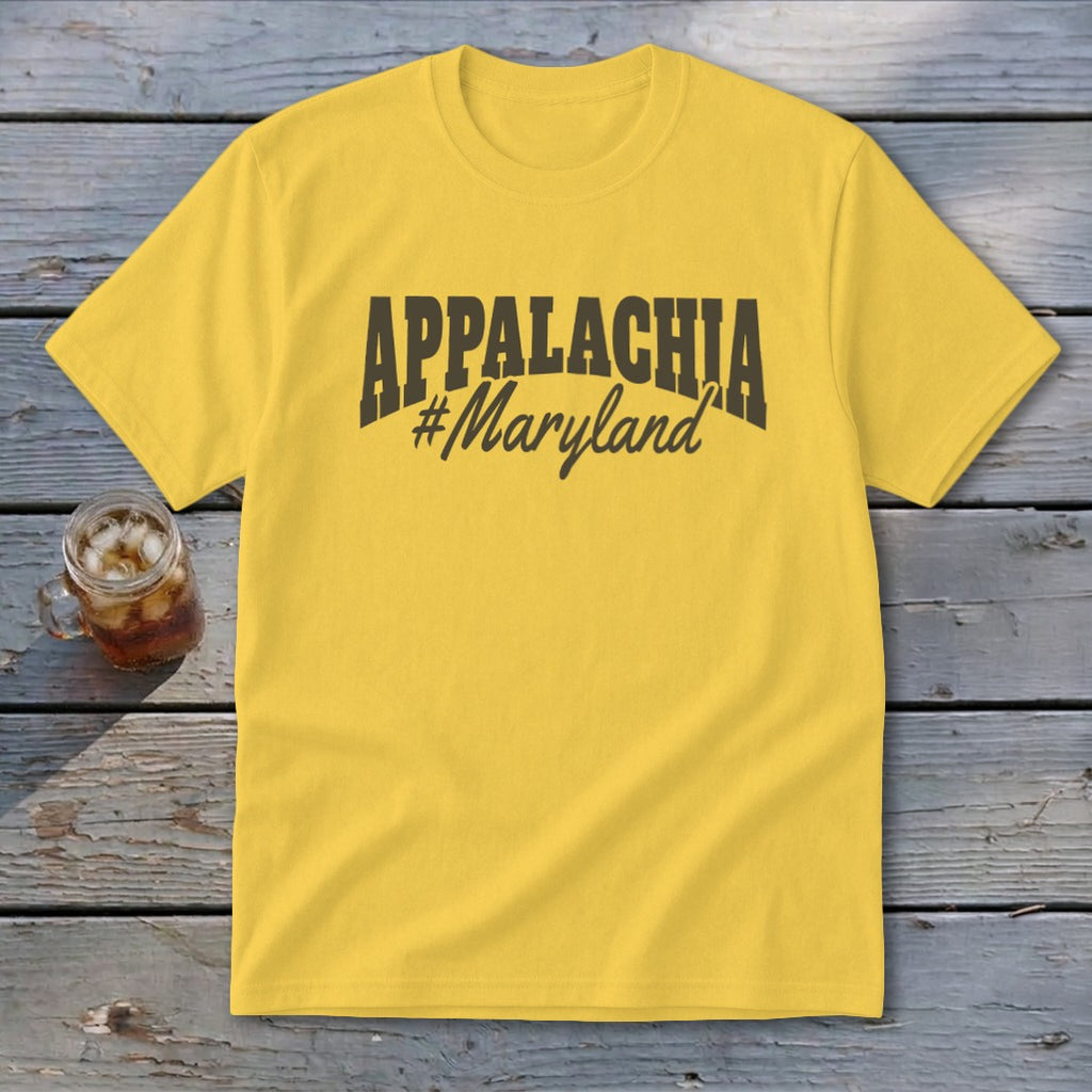 Yellow t-shirt with "APPALACHIA #Maryland" text design.