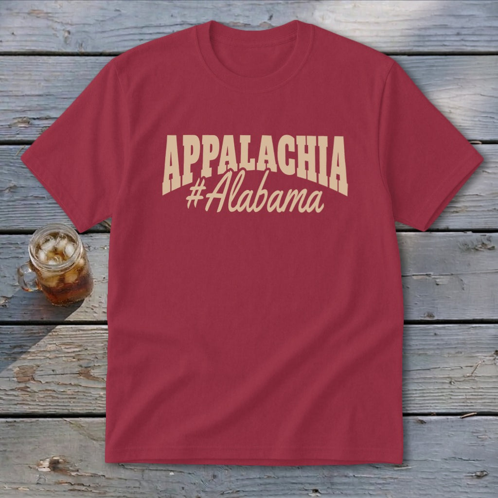 Maroon t-shirt with "APPALACHIA #Alabama" graphic text.