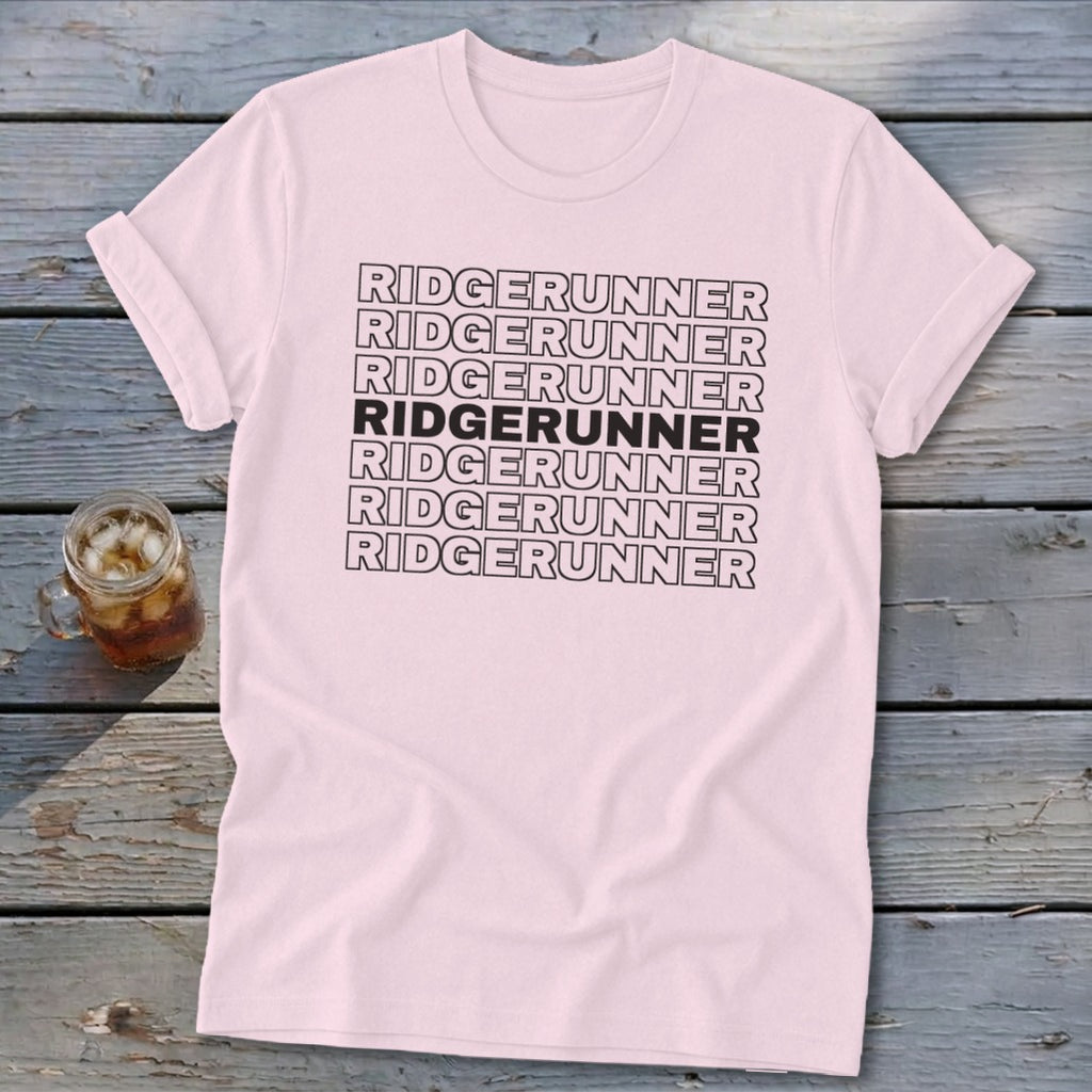 Pink t-shirt with repeating text "RIDGERUNNER" on the chest.