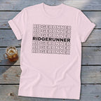 Pink t-shirt with repeating text "RIDGERUNNER" on the chest.