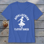 Royal blue V-neck t-shirt with white text reading Appalachian Flatfoot Dancer and a dancing woman silhouette.
