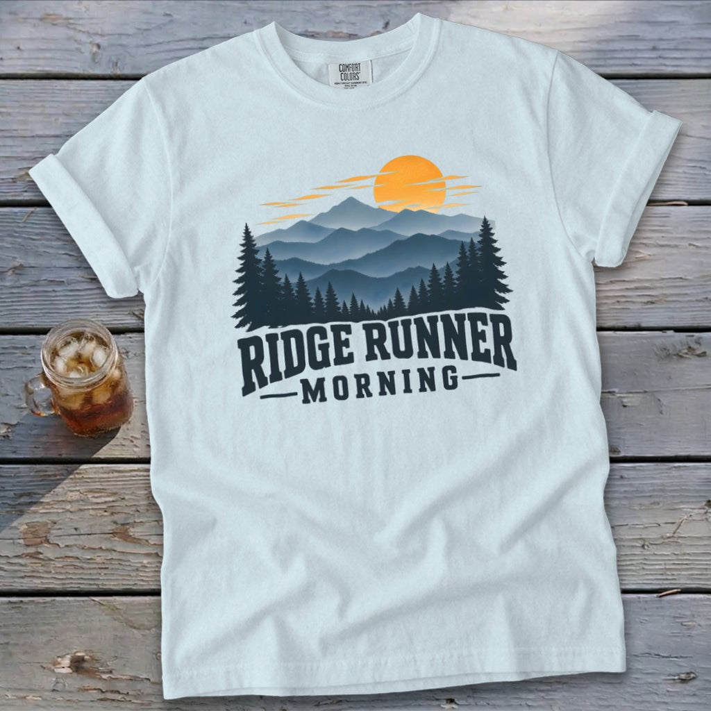 White t-shirt with "Ridge Runner Morning" graphic featuring mountains, trees, and sun.