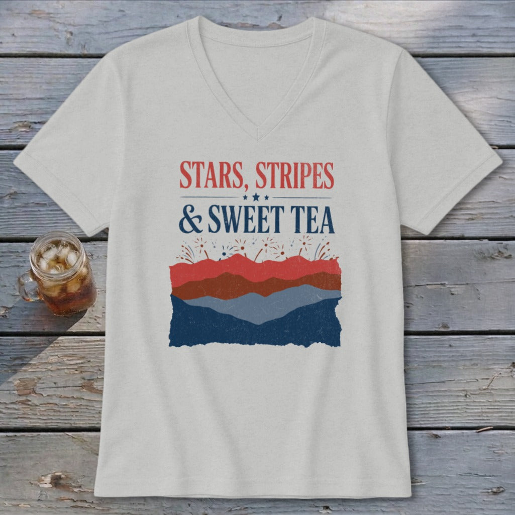A heather gray V-neck t-shirt with red, white, and blue graphic text reading STARS, STRIPES & SWEET TEA.