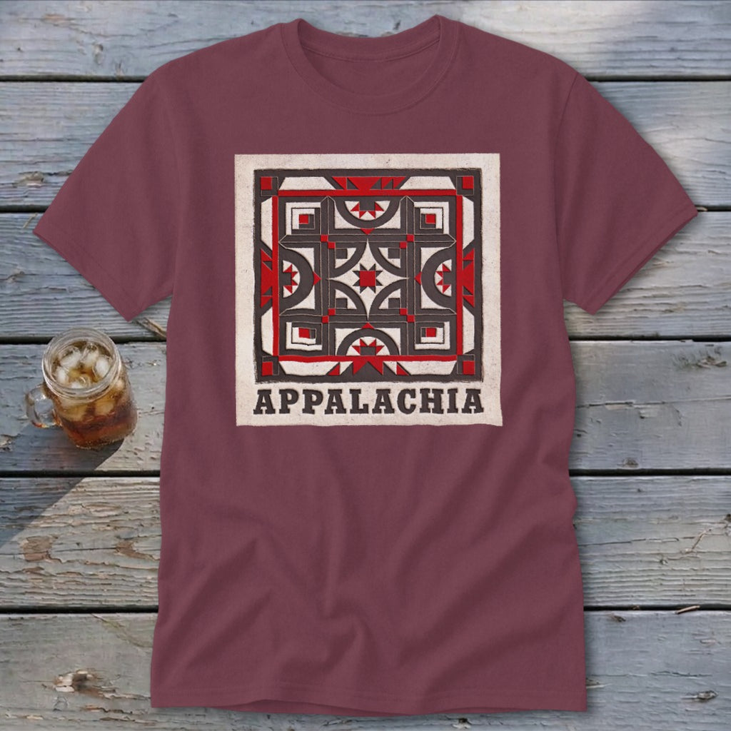 A maroon crew-neck t-shirt featuring a geometric quilt block design and the text Appalachia.