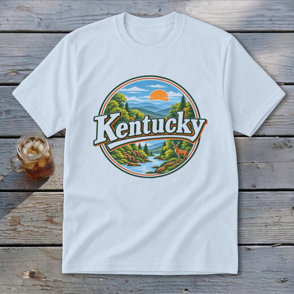 White t-shirt featuring a circular graphic of Kentucky landscape with deer and mountains.