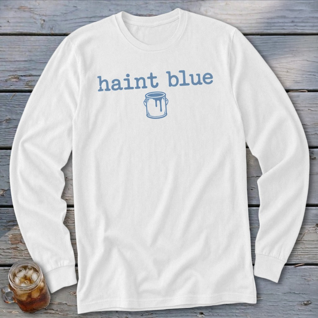 White long-sleeve shirt with "haint blue" text and a paint can graphic.