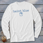 White long-sleeve shirt with "haint blue" text and a paint can graphic.
