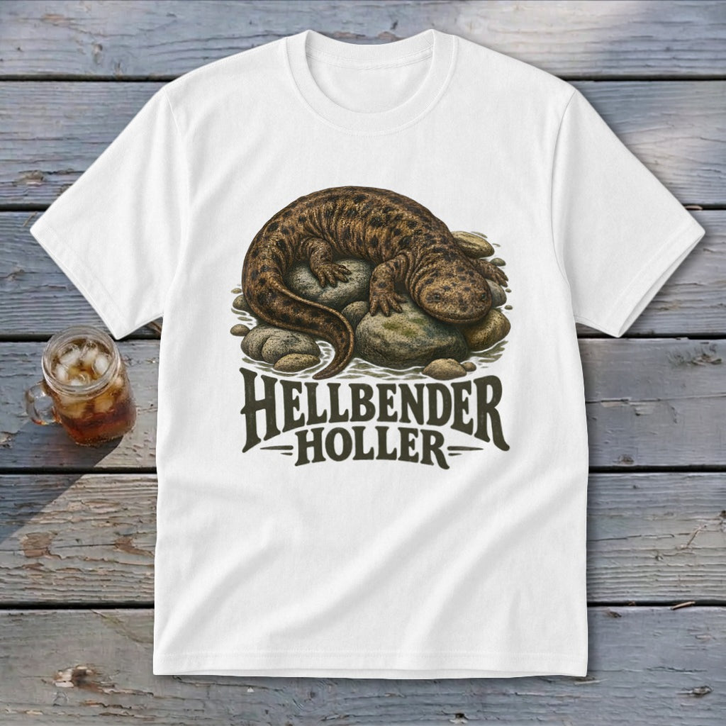 White t-shirt with a hellbender salamander graphic and "Hellbender Holler" text.