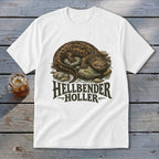 White t-shirt with a hellbender salamander graphic and "Hellbender Holler" text.
