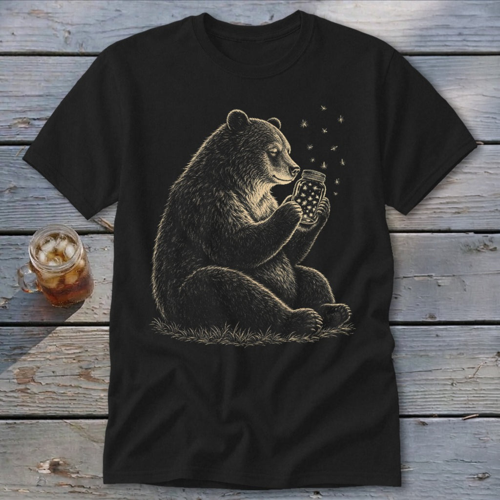 Bear holding a jar filled with stars, with small stars floating around.