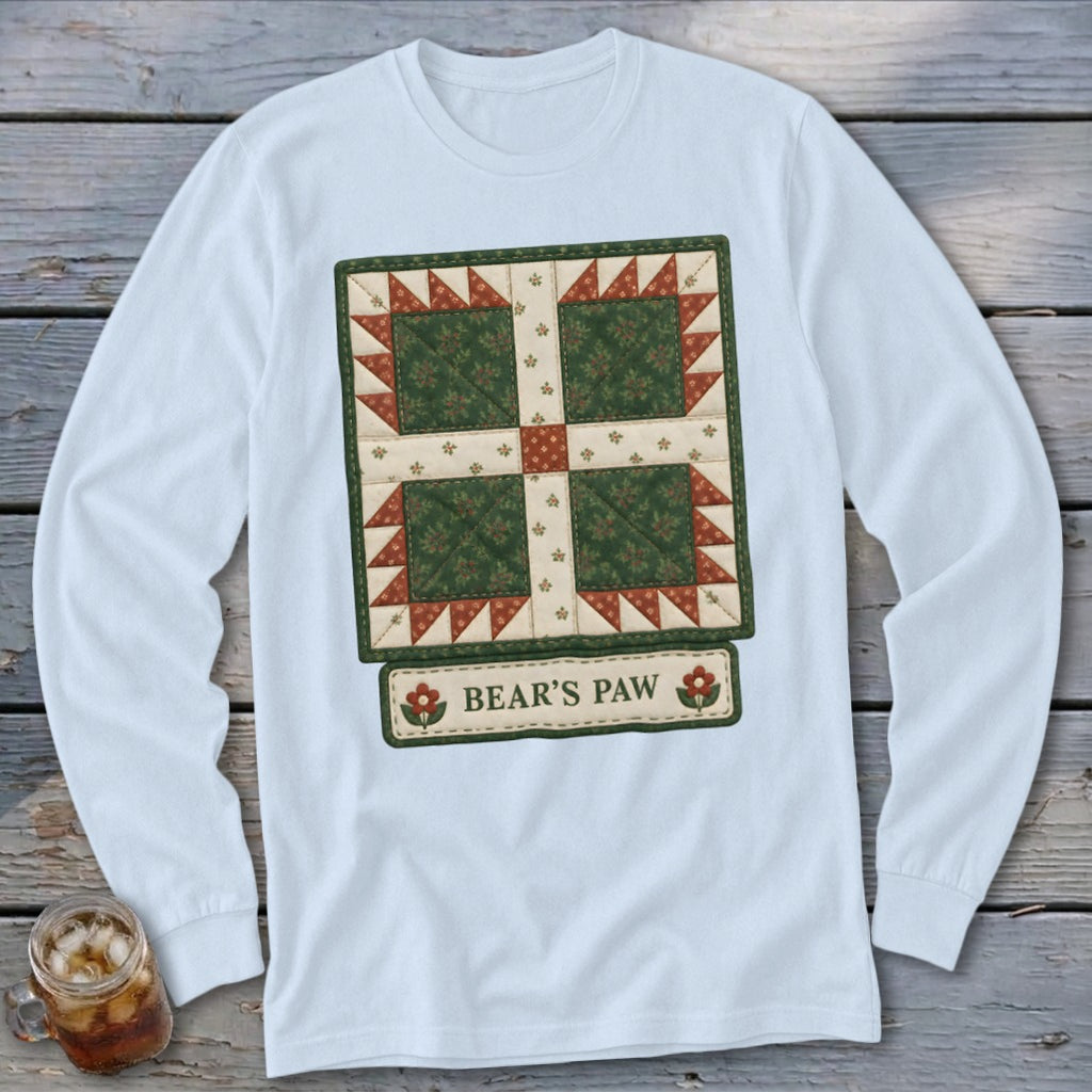 White long-sleeve shirt with a "Bear's Paw" quilt design and text.