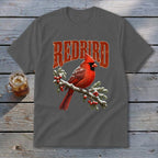 Charcoal gray t-shirt featuring a red cardinal on a snow-covered branch with the word Redbird above it.