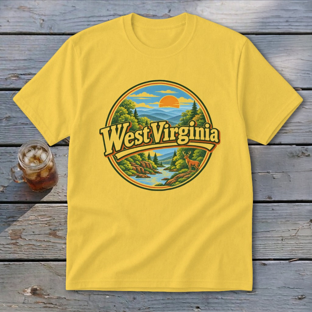 Yellow t-shirt featuring a circular graphic of a West Virginia landscape with a deer and river.