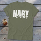 Olive green t-shirt with white text "NARY a one" and a glass of iced tea.