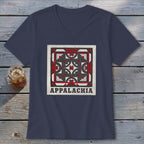 A dark gray V-neck t-shirt featuring a square quilt pattern and the word Appalachia below.