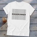 White t-shirt with "RIDGERUNNER" repeated in bold, black text.