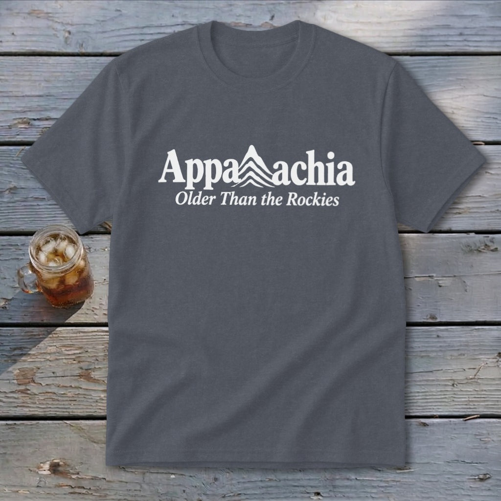 Dark grey t-shirt with white "Appalachia Older Than the Rockies" text and mountain graphic.