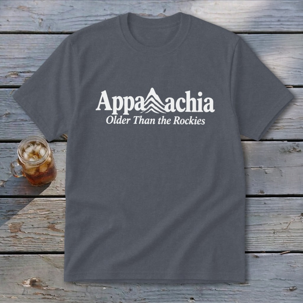 Dark grey t-shirt with white "Appalachia Older Than the Rockies" text and mountain graphic.