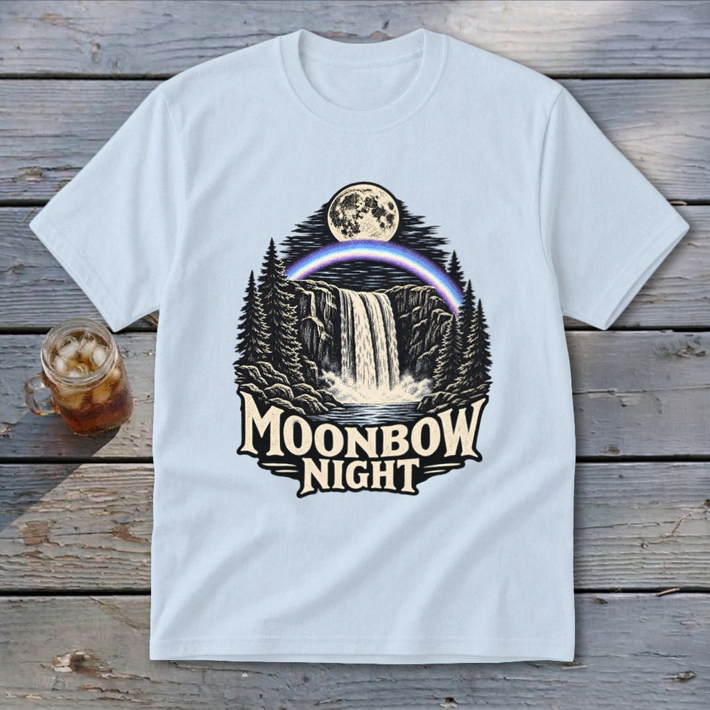 Light blue t-shirt with "Moonbow Night" text and waterfall graphic.