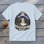 Light blue t-shirt with "Moonbow Night" text and waterfall graphic.