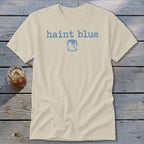 Cream t-shirt with blue "haint blue" text and paint can graphic.
