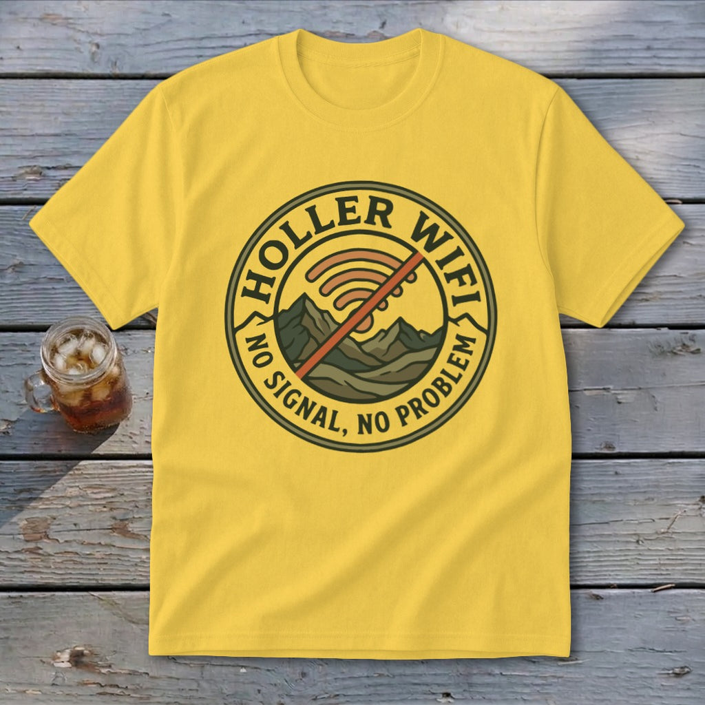 Yellow t-shirt with "Holler Wifi No Signal No Problem" and a crossed-out wifi symbol.
