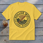 Yellow t-shirt with "Holler Wifi No Signal No Problem" and a crossed-out wifi symbol.