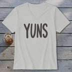 Light grey V-neck t-shirt with dark grey "YUNS" text.