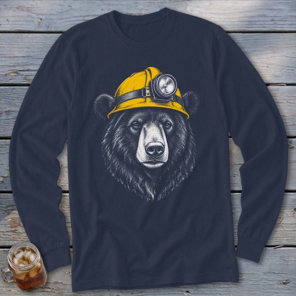 Black bear wearing a yellow hard hat with a headlamp illustration on a navy long sleeve shirt.