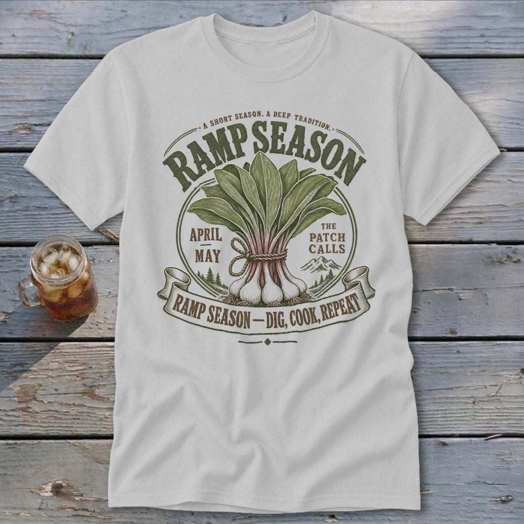White t-shirt with "Ramp Season" graphic featuring ramps, dates, and text.