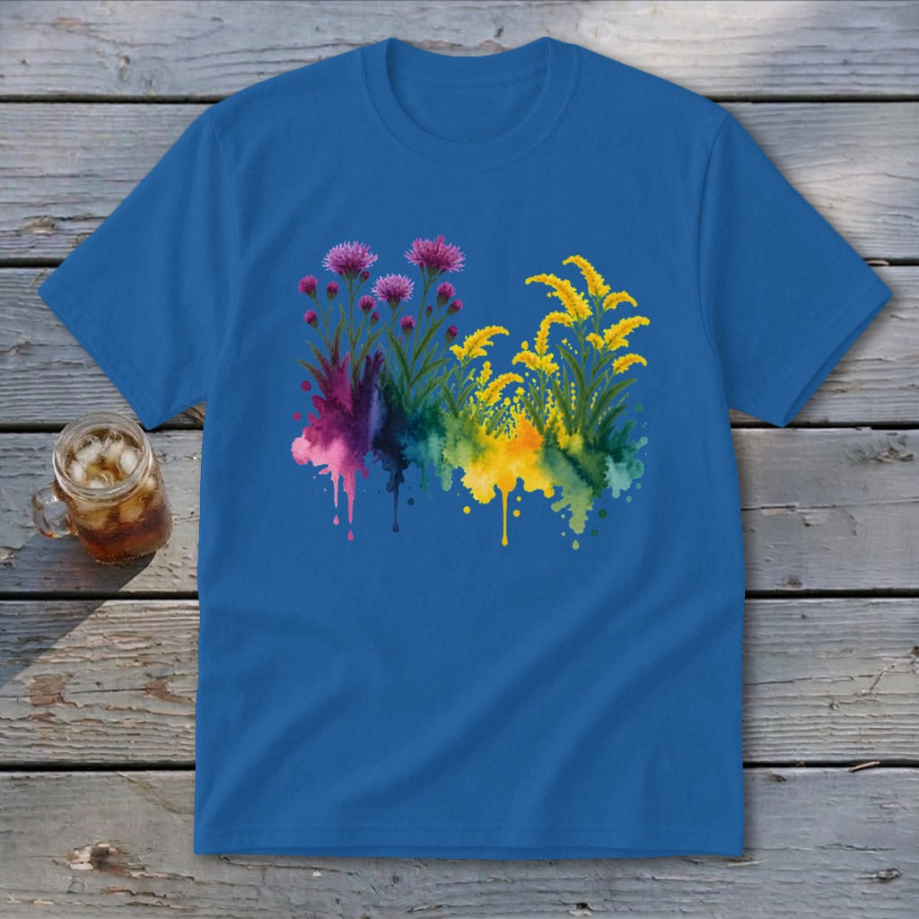 Blue t-shirt with watercolor floral design featuring pink and yellow wildflowers.